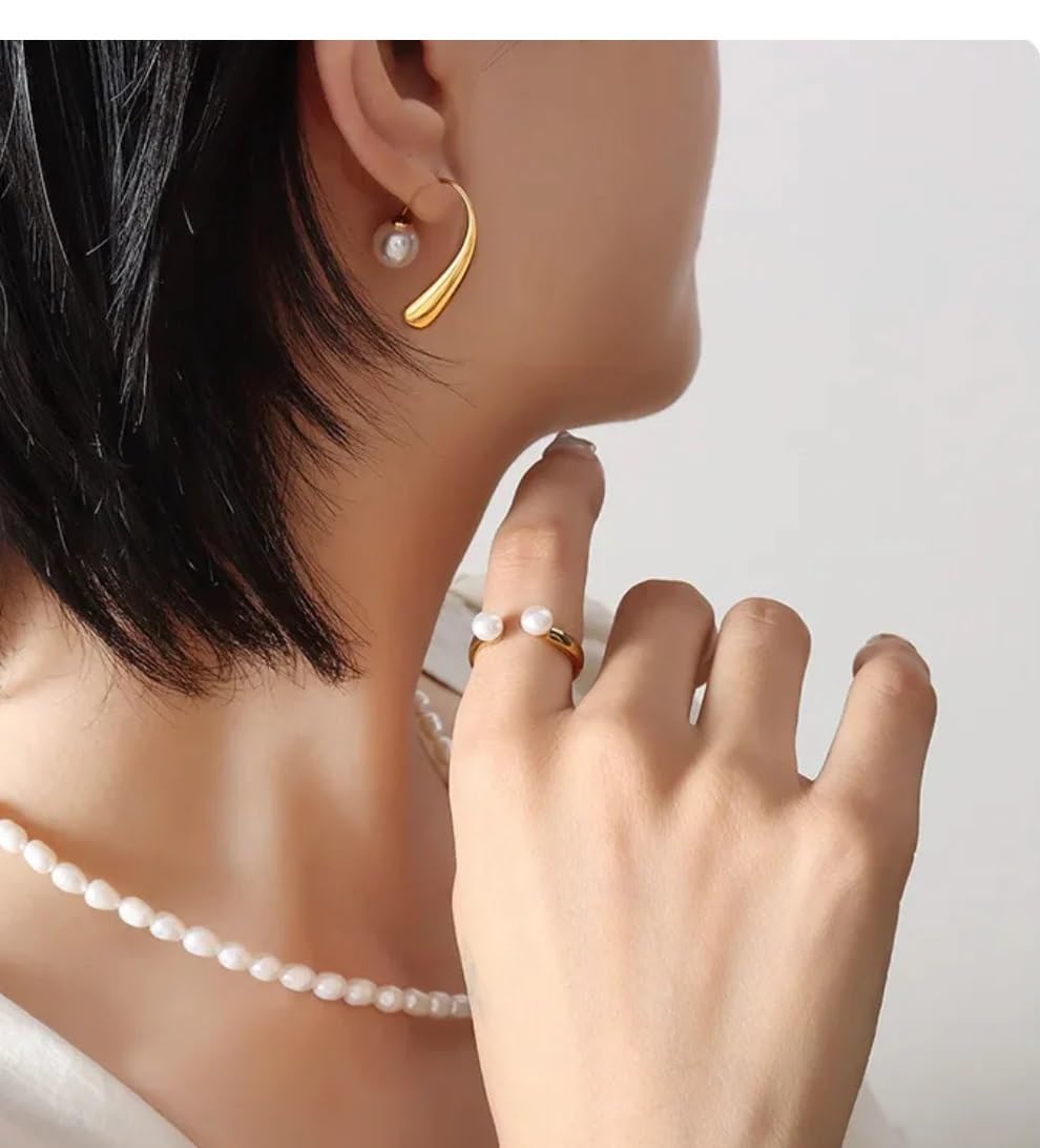 El Regalo Stainless Steel Pearl Ear Jacket Earrings- Exquisite Waterproof/Anti-Tarnish 18k Gold Plated Pearl Drop Statement Fashion Earrings