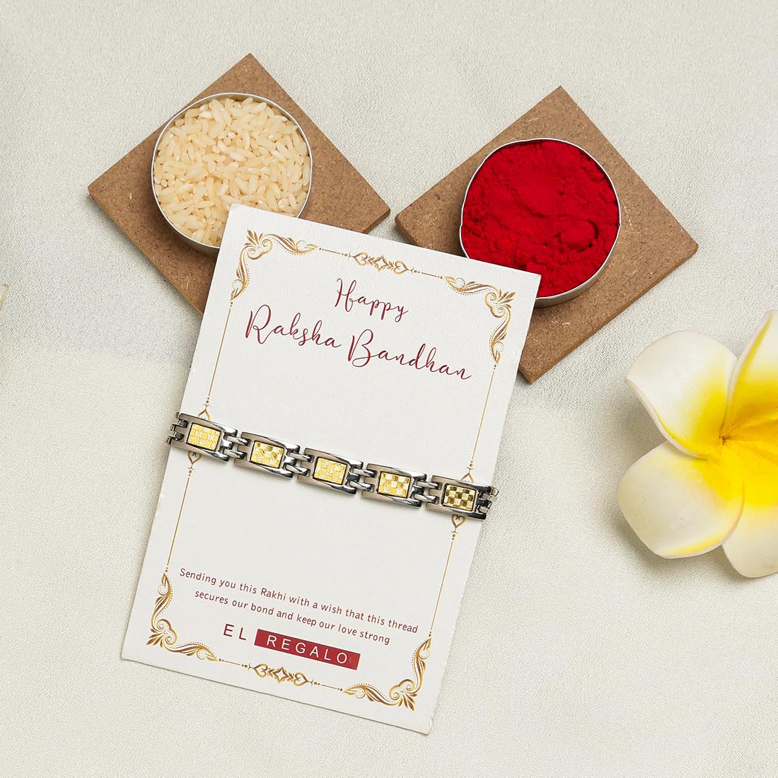 El Regalo 1 PC Designer Stainless Steel Bracelets Rakhi for Brother | 1 PC Anti Tarnish Chain Rakhi with Roli- Chanwal, Message Card in Rakhi Gift Box for Bhai/Bhaiya (Option-8)