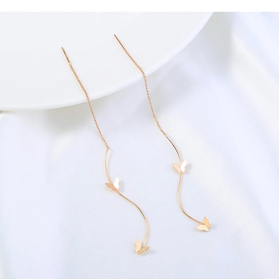 El Regalo Butterfly Threader Earrings- Needle Thread Butterfly Long Tassel Earrings for Girls & Women (Gold)