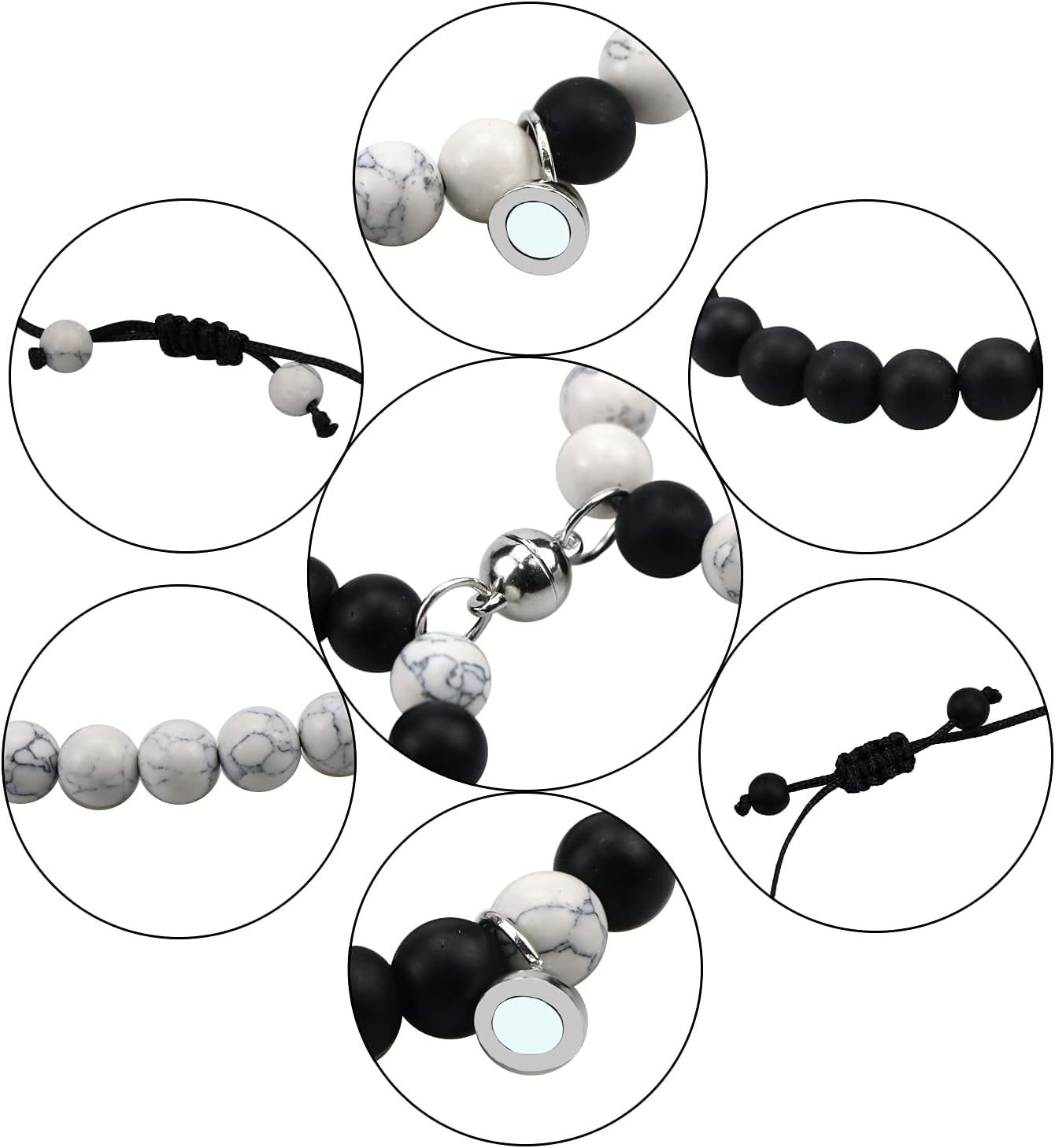 El Regalo 2PCs Magnetic Natural Stones Unisex Bracelets for Couples, Best Friend, Boyfriend & Girlfriend, Long Distance Connecting Bracelets Set- Valentines Day Gift (Black & White)