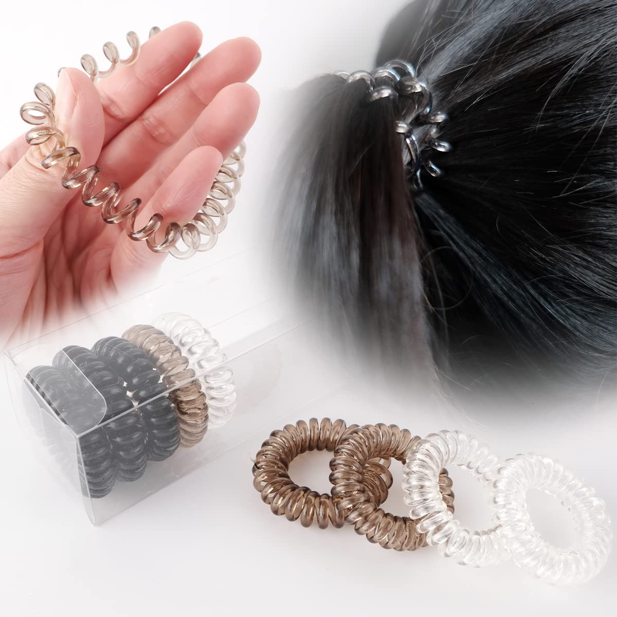 El Regalo 9 Pcs Spiral Hair Ties, No Crease Coil Ties, Phone Cord Ties for Thick Hair - Ponytail Holder Elastics for Kids/Girls/Women (Black Grey Shades)