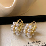 El Regalo Retro Elegant Double Row Imitation Pearl Oval Hoop Earrings for Women - Fashion Pearl Double Layer Ear Buckle Hoops