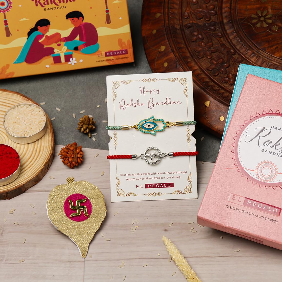 El Regalo Fancy 2PCs Evil Eye Rakhi Set for Brother with Roli Chawal & Rakhi Message Card - Lucky Protection Rakhi to Avoid Negative Energies for Brother/Sister-in-Law/Niece or Nephew (Option-3)