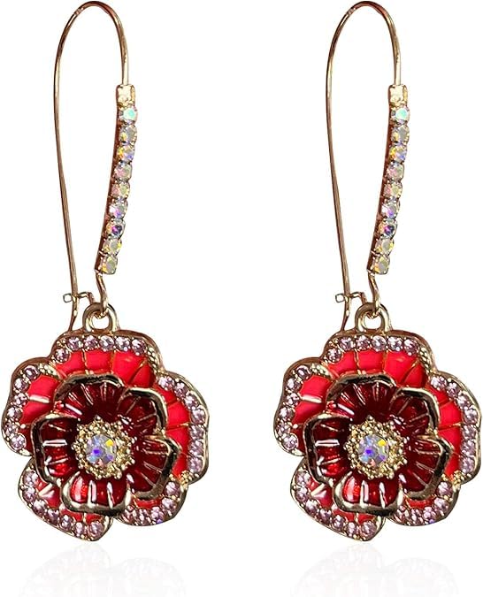 El Regalo Women's & Girl's 1 Pair Iridescent Flower Dangle Earrings - Hypoallergenic Gold-Tone with Mixed Stones Earrings (Red Rose Flower)
