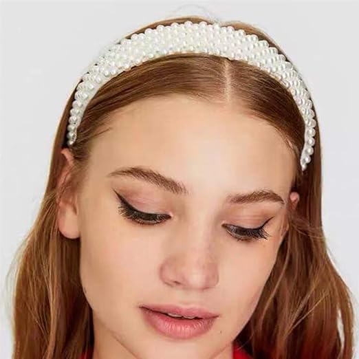 El Regalo Elegant White Pearl Wide Headband - Handmade Bridal Hairband, Fancy Wedding & Party Headwear for Women & Girls