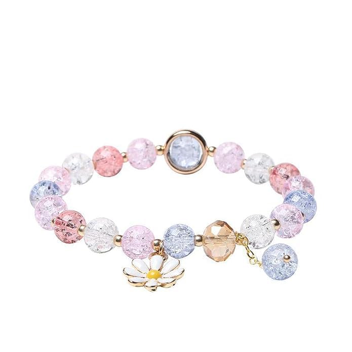 El Regalo 1 PC Dailsy Flower Sparkly Crystal Beads Tassel Bracelet for Girls/Teens/Women- Cute Crackle Beads Daisy Flower Stretch Bracelet (Multi Colored)