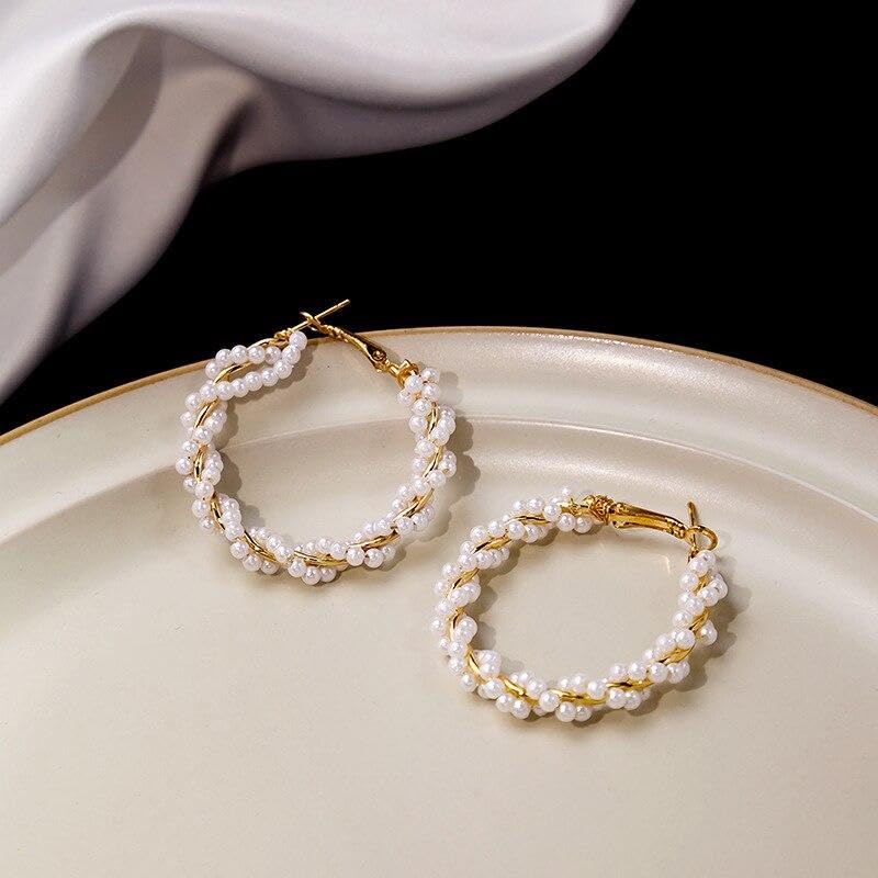 El Regalo Retro Elegant Double Row Imitation Pearl Oval Hoop Earrings for Women - Fashion Pearl Double Layer Ear Buckle Hoops (Pig Pearls Hoop Earrings)