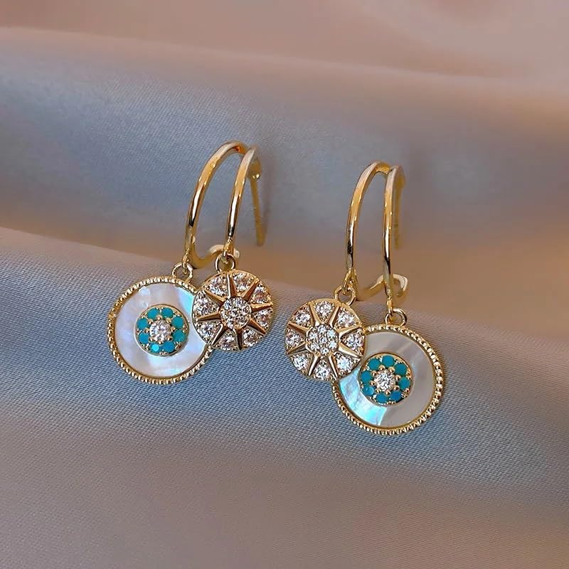El Regalo Shell Zircon Dual Disk Golden Dangling Drop Stud Earrings for Women - Fashion Forward, Elegant, and Versatile Jewelry
