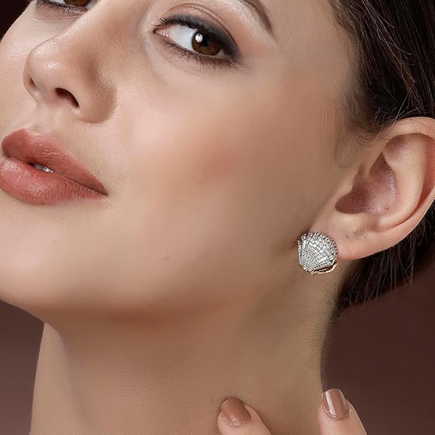 El Regalo Elegant French-Style Luxury Full Diamond Zircon Pearl Shell-shaped Ear Hoops Clips for Women & Girls- Full Paved Cubic Zirconia Shell Earrings (Silver)