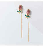 El Regalo Tulip Flower Threader Tassel Earrings for Women Teen Girls- Pink Flower Bud Dangling Chain Studs Earrings- Needle Thread Earrings