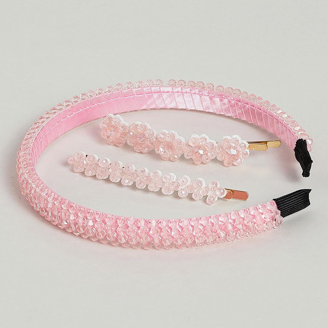El Regalo 3 PCs Rhinestone Crystal Headband & Hair Clips Set - Shiny Non-Slip Beaded Party Hairband Hair Band with 2 Hair Clisp - Hair Accessories Hair Decoration for Women Girls (Pink)