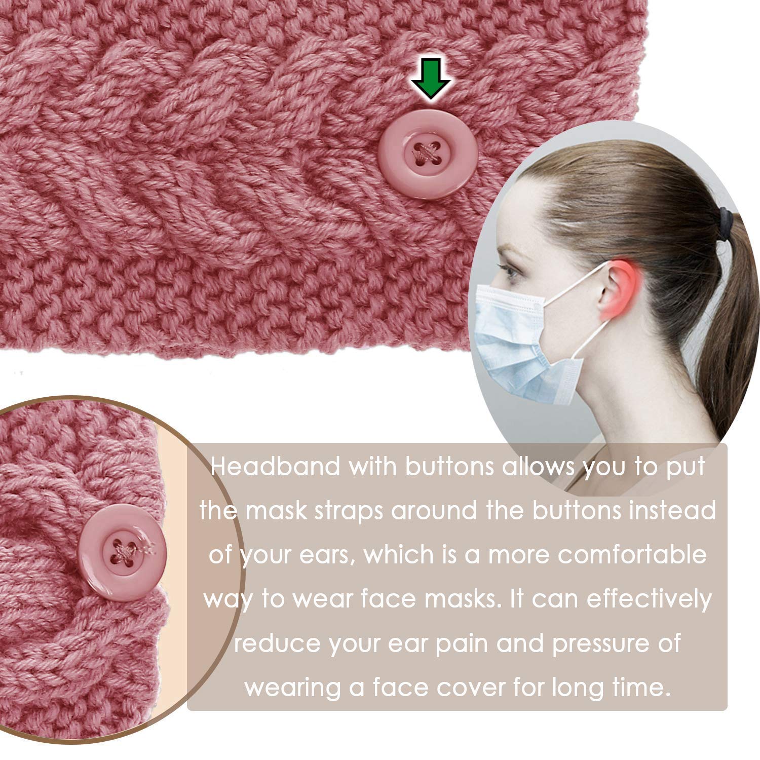 El Regalo 2 PCs Knitted Winter Woolen Warm Headband with Buttons for Face Mask Cover | Cold Weather Hair Accessories Head Wrap | Winter Headbands for Women & Men (Pack of 2) (Red & Pink)