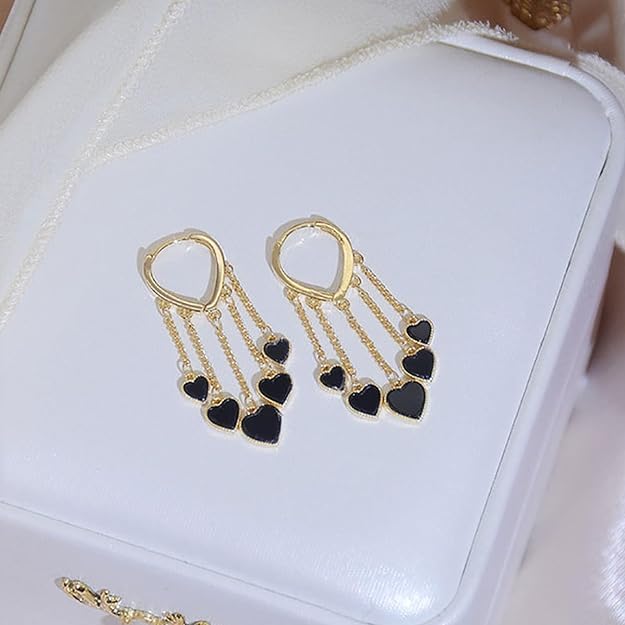 El Regalo Love Hearts Tassel Hoop Earrings for Women/Girls- Heart Huggie Hoop Chains Earrings (Gold)