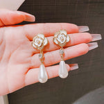 El Regalo Women's & Girl's Elegant White Camellia Flower Pearl Stud Earrings-