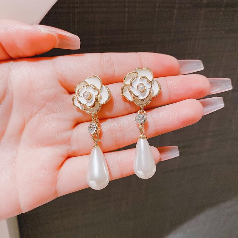 El Regalo Women's & Girl's Elegant White Camellia Flower Pearl Stud Earrings-