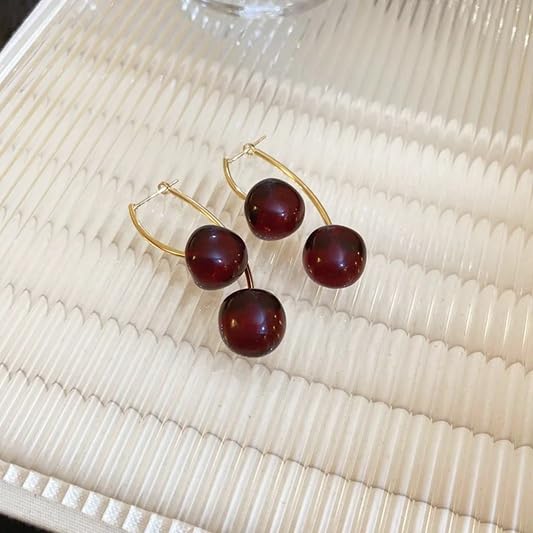 El Regalo Cute Red Double Cherry Front Back Jacket Earrings for Girls & Women | Glossy Fruit Design Gold-Tone Earrings | Fashion Statement Dangle Earrings for Party & Casual Wear