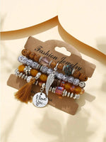 El Regalo 4Pcs/Set Vintage Bohemia Style Wing Beads Tassel Unisex Bracelet - Stackable Multi-layer Modern Charm Bracelets with Wings and I Love You Charms Bracelets (Musturd Yellow)