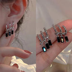 El Regalo Women's & Girl's Western Triple Ear Crawler Earrings- Triple Dangling Baguette Stone Earring- Exquisite Zircon Multilayer Earrings (Silver Black)