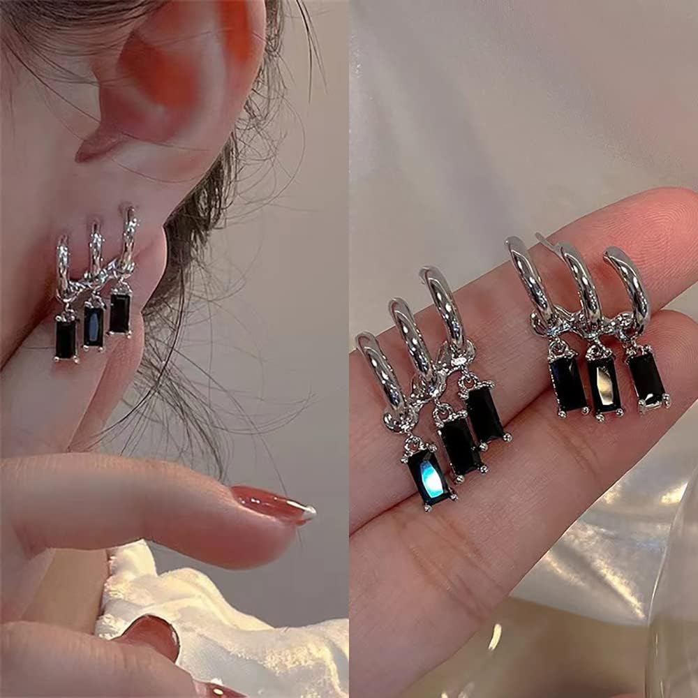 El Regalo Women's & Girl's Western Triple Ear Crawler Earrings- Triple Dangling Baguette Stone Earring- Exquisite Zircon Multilayer Earrings (Silver Black)