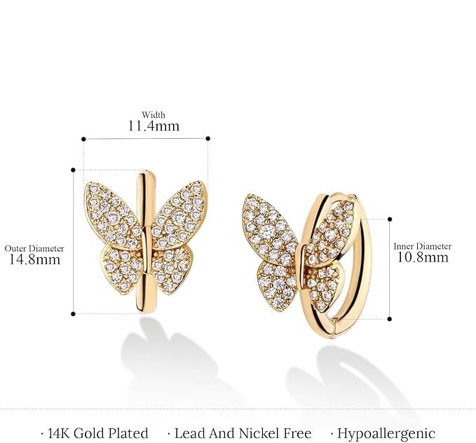 El Regalo Cubic Zirconia Butterfly Huggie Hoop Earrings - 14K Gold Plated Small Hoops for Girls, Teens & Women | Hypoallergenic Tiny Butterfly Earrings