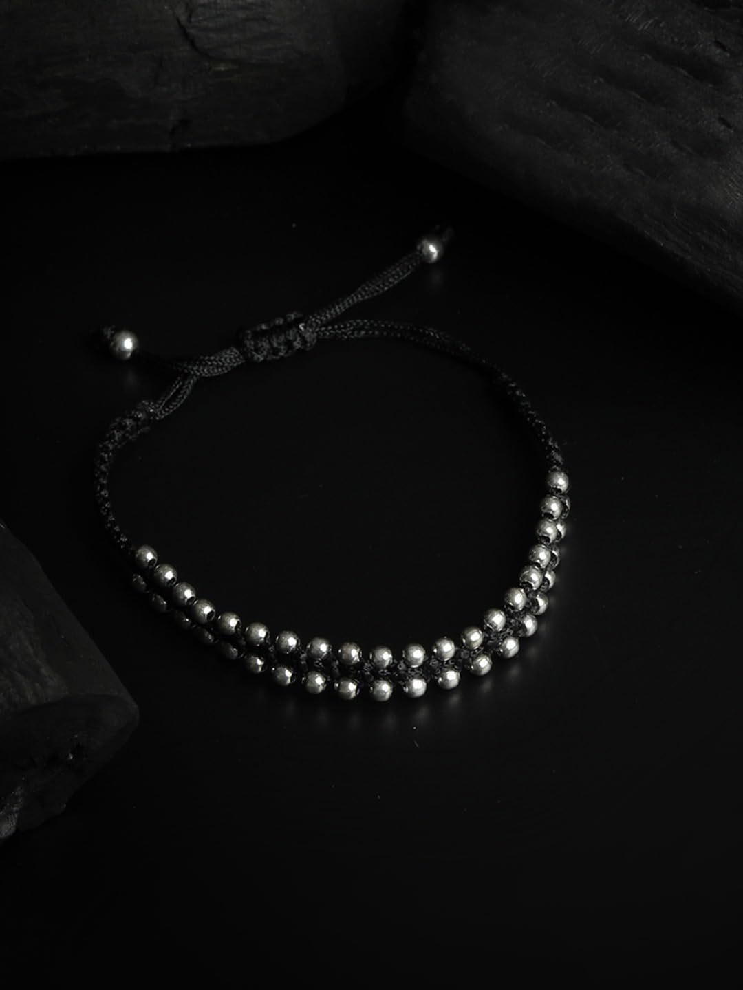 El Regalo Womens 2 Pcs Handmade Beaded Nazaria/Nazar Bracelet Cum Anklet Set- Black Thread Anklet/Bracelet Set (Silver)