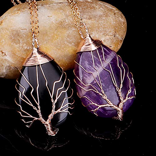 El Regalo Tree of Life Wire Wrapped Drop Natural Stones Healing Crystal Chakra Pendant Necklace - Unique Handcrafted Gemstones Pendant Necklaces (Amethyst) For Unisex Adult