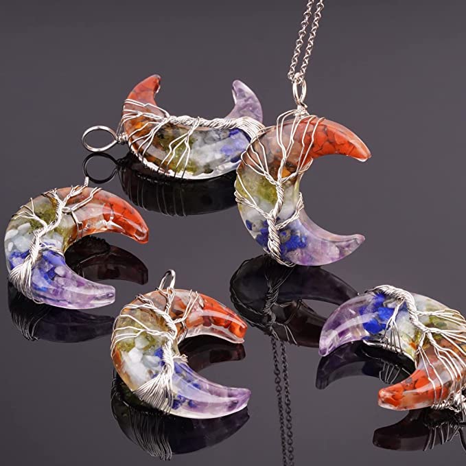 El Regalo Crescent Moon Wire Wrapped Tree of Life Stone Pendant Necklaces Natural Resin Quartz Gemstone Hippie Boho Jewelry for Girls Women (7 Chakra)