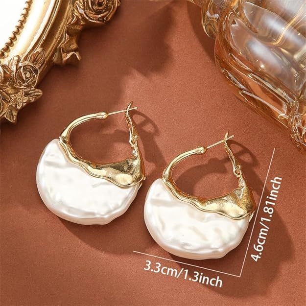 El Regalo Irregular Pearl Hoop Earrings for Women/Girls | Gold-Plated Textured Geometric Drop Earrings | Trendy Statement Fashion Jewellery for Western Outfits and Parties
