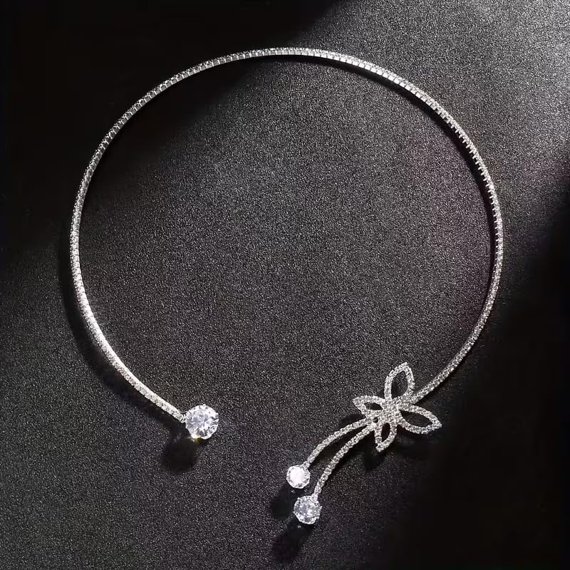 El Regalo Modern CZ Choker Necklace for Women & Girls | Minimalist Open Zircon Butterfly & Lariat Pearl Designs | Elegant Western Party Jewellery | Silver-Plated Statement Neckpiece | Ideal Birthday & Anniversary Gift (Butterfly Open Choker)