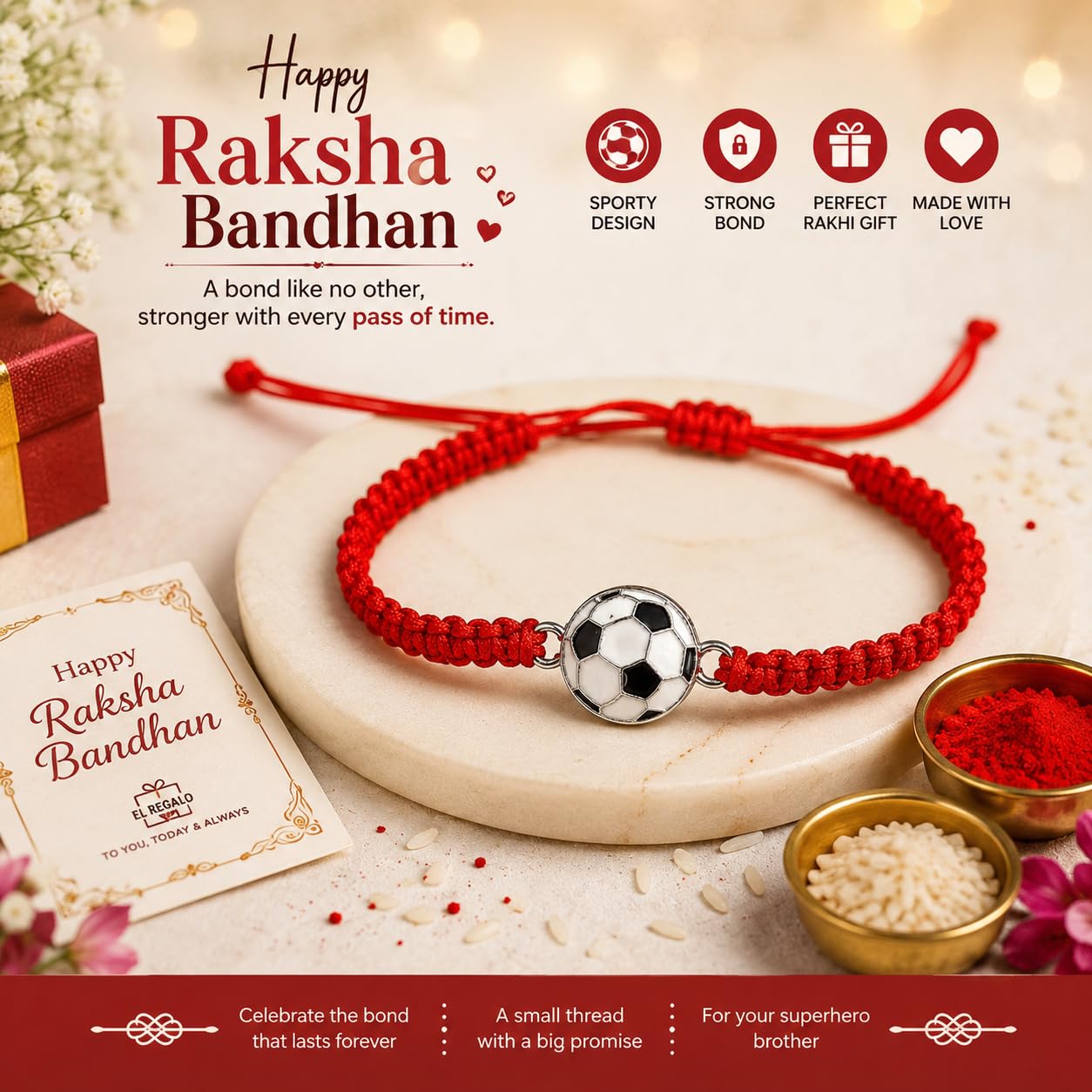El Regalo 1PC Sports Balls Rakhi for Brother- Cute & Fancy Balls Bracelet Rakhi for Sports Lover Brother with Roli Chawal in Rakhi Gift Box (Soccer Ball)