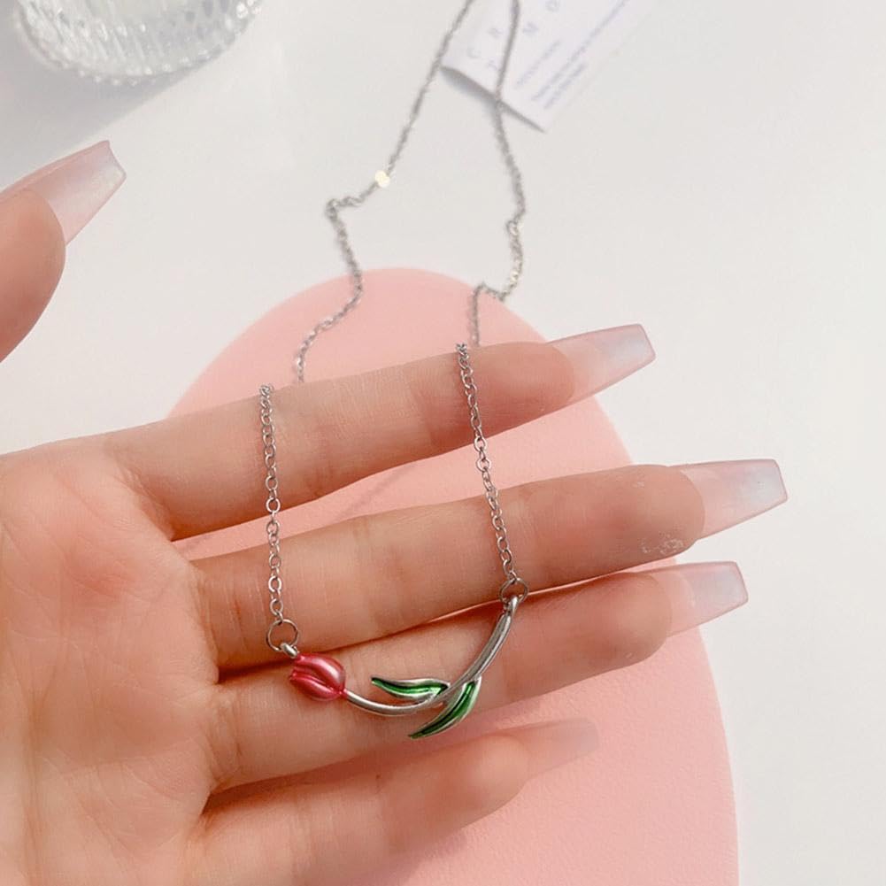 El Regalo Pink Tulip Flower Necklace- Sleek Oil Dripping Tulip Pendant Chain Necklace for Girls & Women