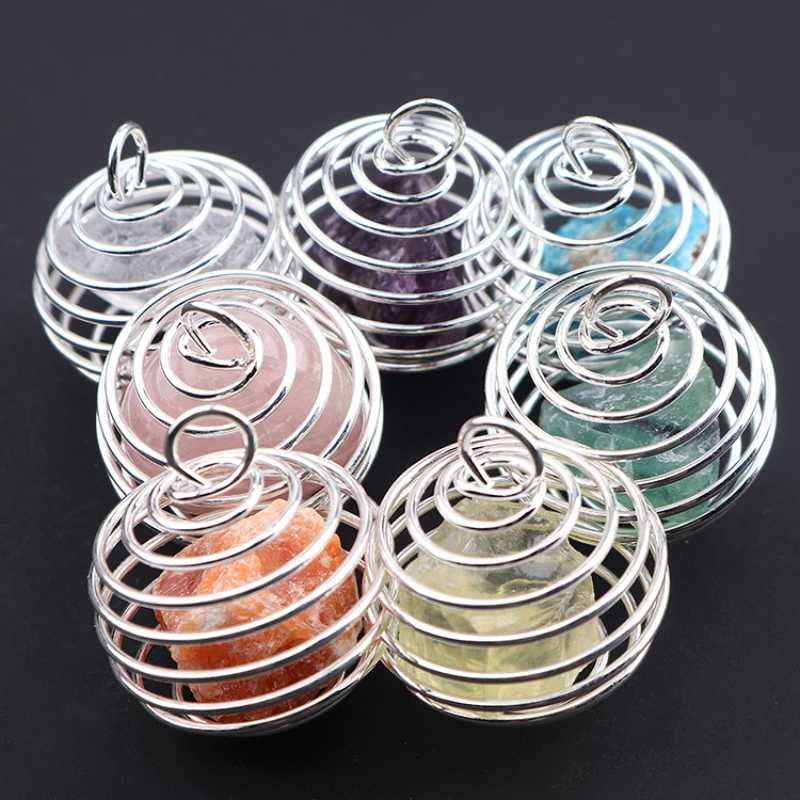 El Regalo 1 PC Healing Crystal Chakra Stone Necklace Gemstone Beads Round Iron Spiral Bead Cage Pendants Jewelry for Girls & Women (Rose Quartz)