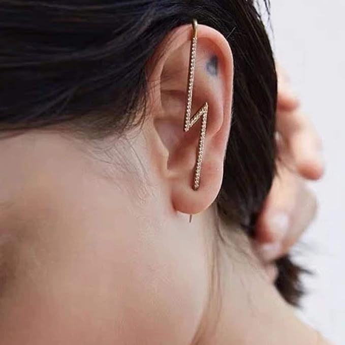 El Regalo 2PCs Fancy Lightning Bolt Edgy Hook Pin Ear Cuff Earring for Girls & Women - Ear Crawler Ear Pins (Gold)