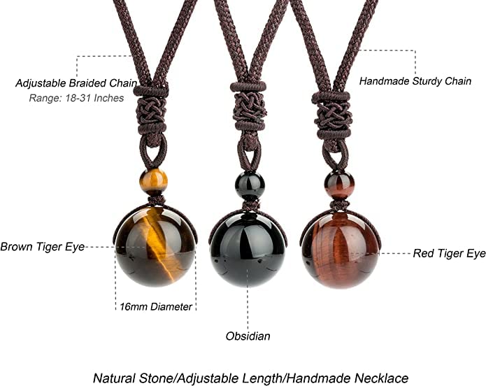 El Regalo 3 PCs Unisex Healing Crystals Necklace- Tiger Eye, Obsidian, Red Tiger Eye Chakra Beads Stone Adjustable Pendant Necklace for Women Men Girls Boys