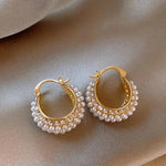 El Regalo Gorgeous U-Shaped Basket Pearls Crystal Earrings- Elegant 14K Gold Plated CZ & Pearls Hoop Party Earrings for Women