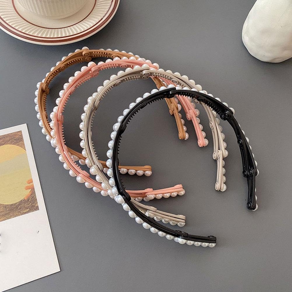 El Regalo Stretchable Foldable Pearl Headband for Women & Girls - Elegant Anti-Slip Hairband for Long & Short Hair, Portable Retractable Hair Accessory for Travel & Everyday Wear (Grey, One Size)