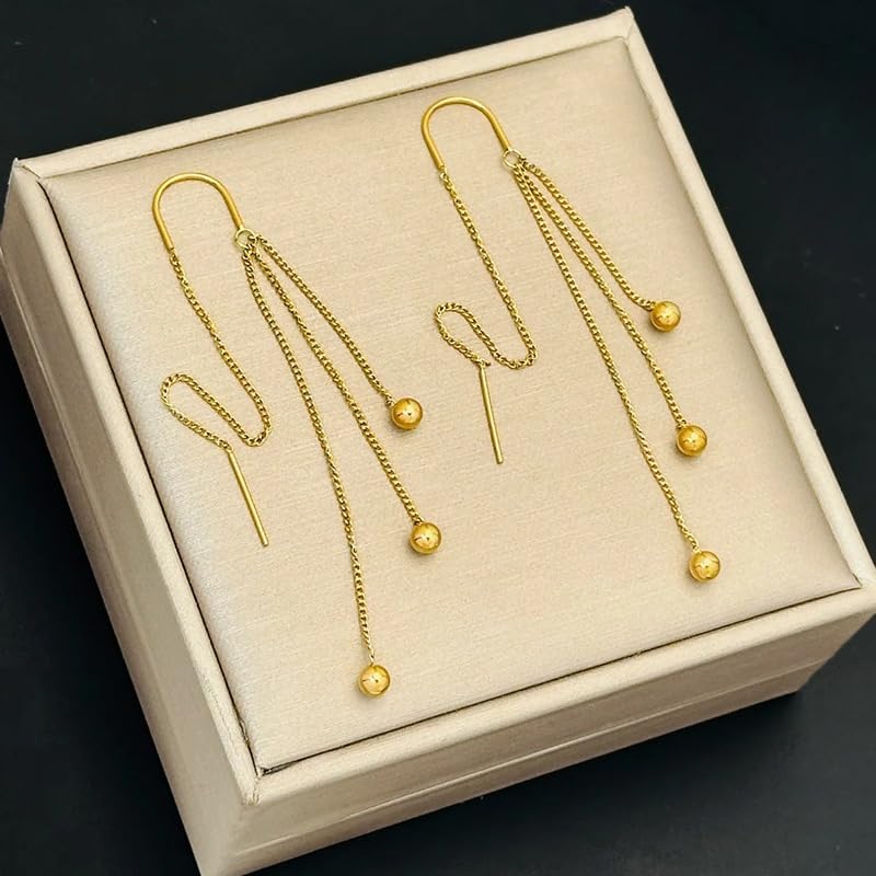 El Regalo Modern Sui Dhaga Threader Earrings for Women - Minimalist Long Pull Through Chain Earrings - Light Dangle Needle Threaders for Multiple Piercings, Sensitive Ears (Triple Bead Drip)