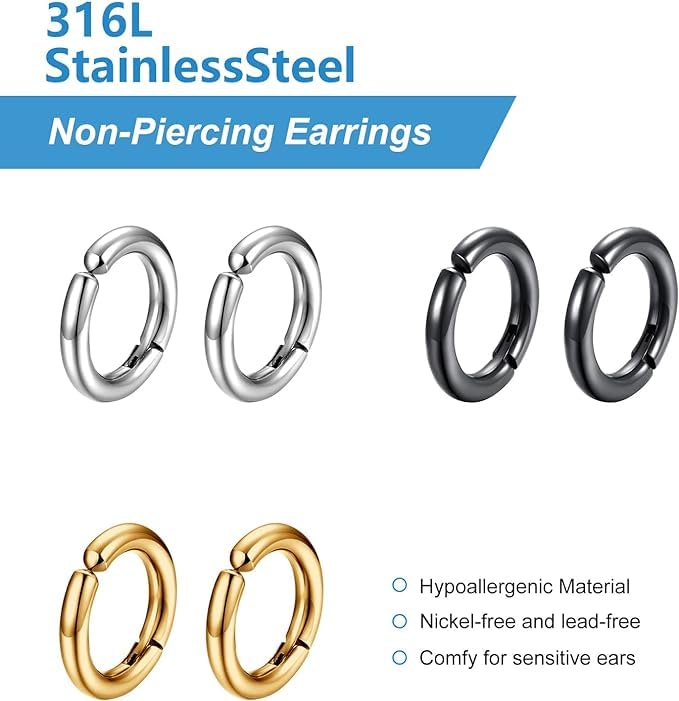 El Regalo 3Pairs Clip on Non-Piercing Unisex Hoop Earring-Surgical Stainless Steel, Anti-Tarnish, Waterproof Fake Earrings for Girls/Boys/Men/Women (12mm)
