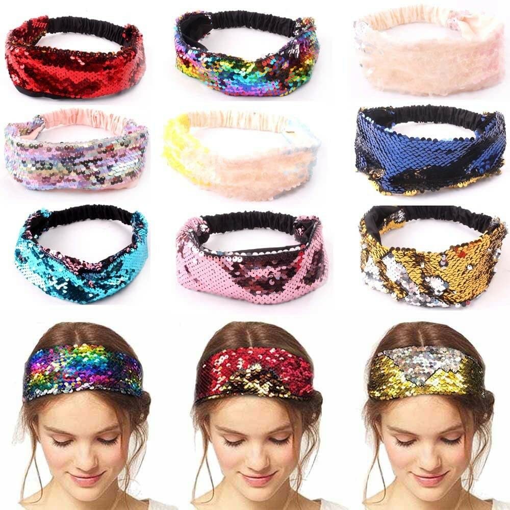 El Regalo 1 PC Reversible Sequins Stretchy Glittery Fashion Headbands for Teen Girls & Women (Pink/Silver)