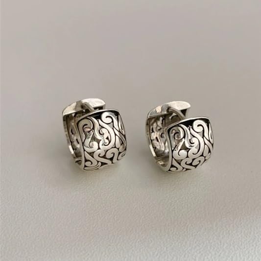 El Regalo 925 Silver Plated Hollow Filigree Hoop Earrings for Women - Vintage Oriental Carved Huggie Hoops, Retro Ethnic Jewelry