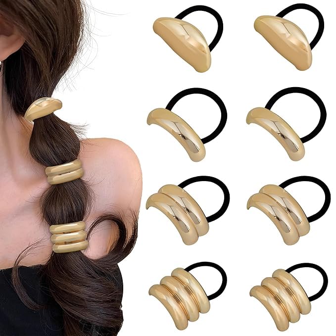 El Regalo 3PCS Gold Hair Ties, Metal Hair Ties for Thick Hair, Elegant Durable Geometric Design, Gold Hair Accessories Stretchy and Non-Damage Ponytail Cuff Holders, 3 Styles in Box