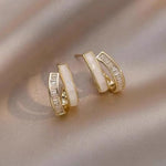 El Regalo Double Row C-Hoop Earrings for Women & Girls | Hypoallergenic Geometric Studs | Cubic Zirconia & Enamel/Shell Inlay | Elegant Daily, Office & Party Earrings Jewellery (White)