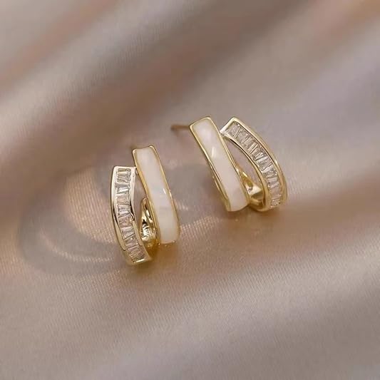 El Regalo Double Row C-Hoop Earrings for Women & Girls | Hypoallergenic Geometric Studs | Cubic Zirconia & Enamel/Shell Inlay | Elegant Daily, Office & Party Earrings Jewellery (White)