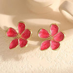 El Regalo Enameled Flower Stud Earrings for Women- Trendy Statement Big Flower Earrings (Magenta Red)
