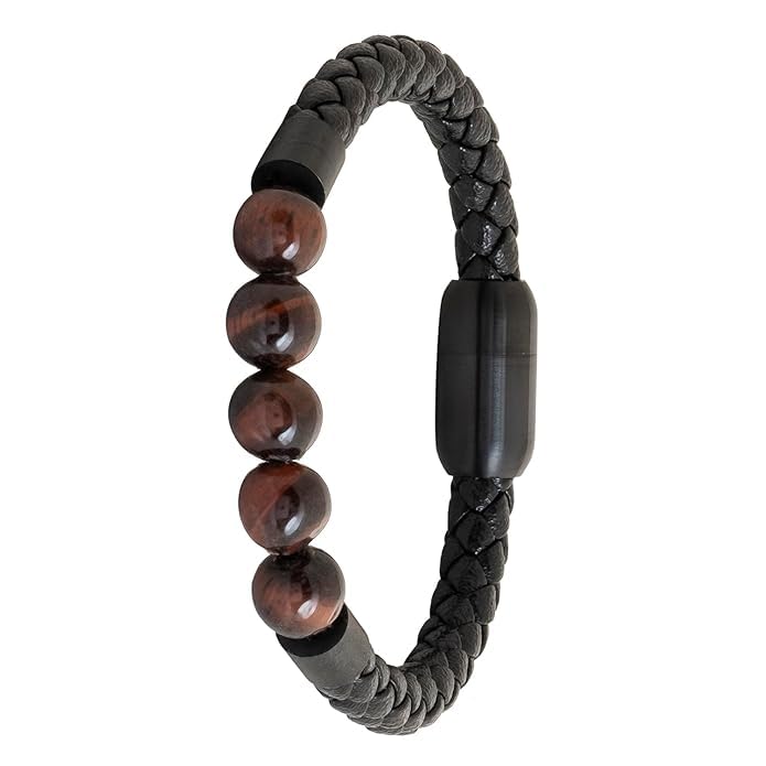 El Regalo 1PC Natural Stone Magnet Buckle Bracelet for Men/Boys, Trendy, Simple, Exclusive Men's Vintage Pu Leather Bracelet (Red Tiger Eye)