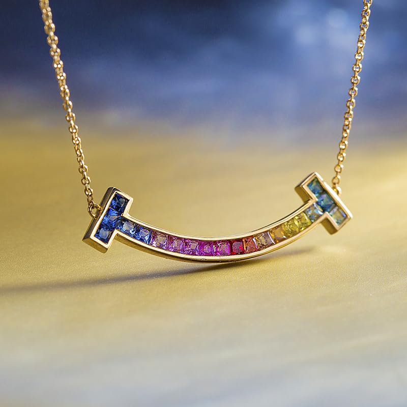 El Regalo Luxury Rainbow Smile Zircon Clavicle Chain Necklace for Girls & Women- Stainless Steel Rainbow Stones Smiley Necklace