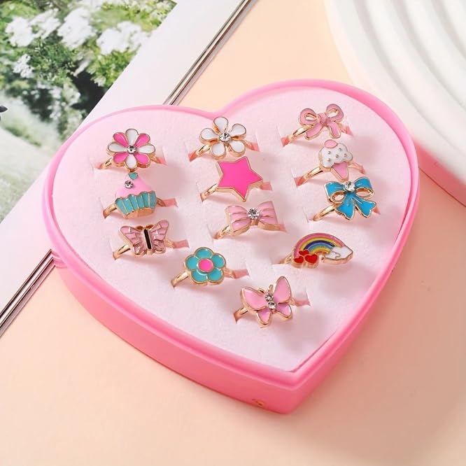 El Regalo 12 Pcs Cute Adjustable Rings Set for Kids/Girls/Women - Colorful Cartoon Enamel Finger Rings | Adjustable Cute Jewelry Gift Box - Butterfly, Flower, Bow, Heart, Cherry Designs (Style-2)