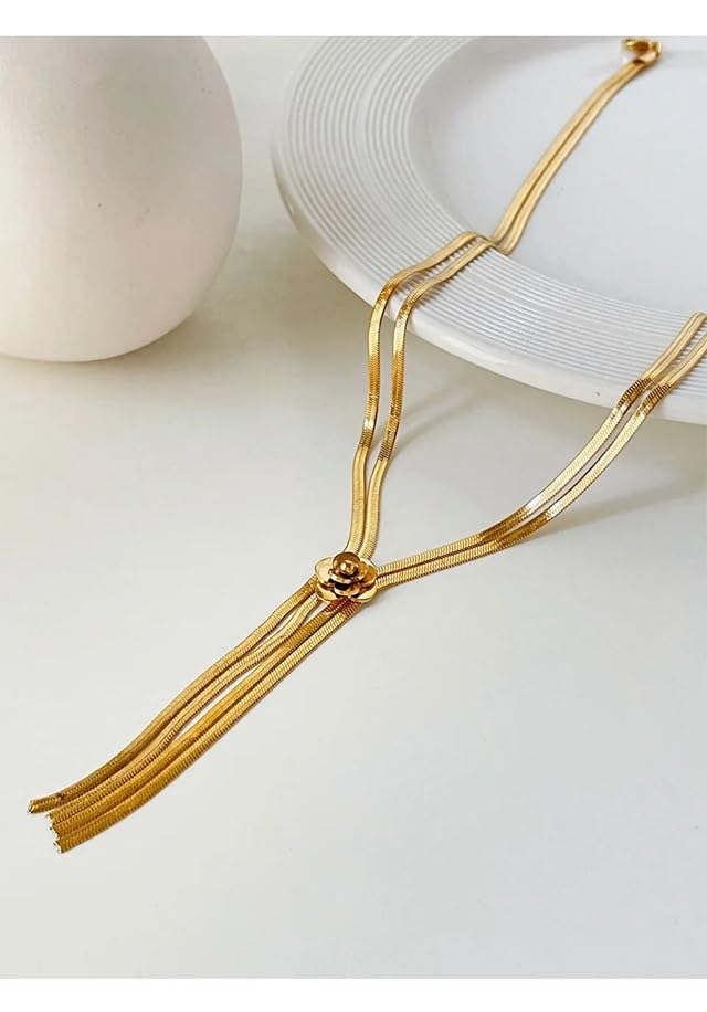 El Regalo 2-Strand Flat Snake Chain with Camellia Flower- Stainless Steel Herringbone Flower Tassel 2 Layered Chain Necklace