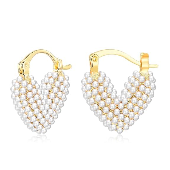 El Regalo Gold-Plated Pearl Heart Hoop Earrings for Women & Girls - Classic, Elegant Tiny Pearl Heart Hoops, Trendy & Fashionable Earrings for Everyday Wear
