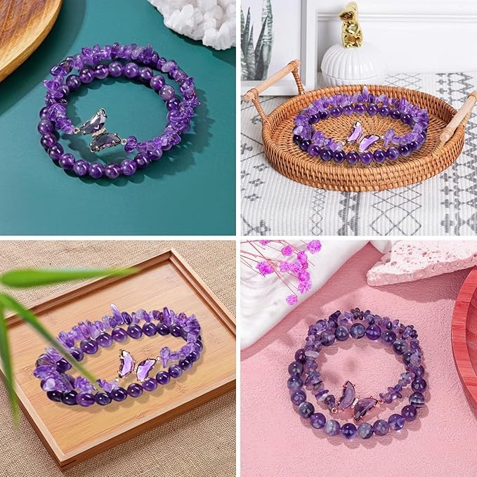 El Regalo 2PCs Natural Crystals Butterfly Bracelets Set- Real Crystals Healing Stones Bracelet Combo for Women (Purple Amethyst)
